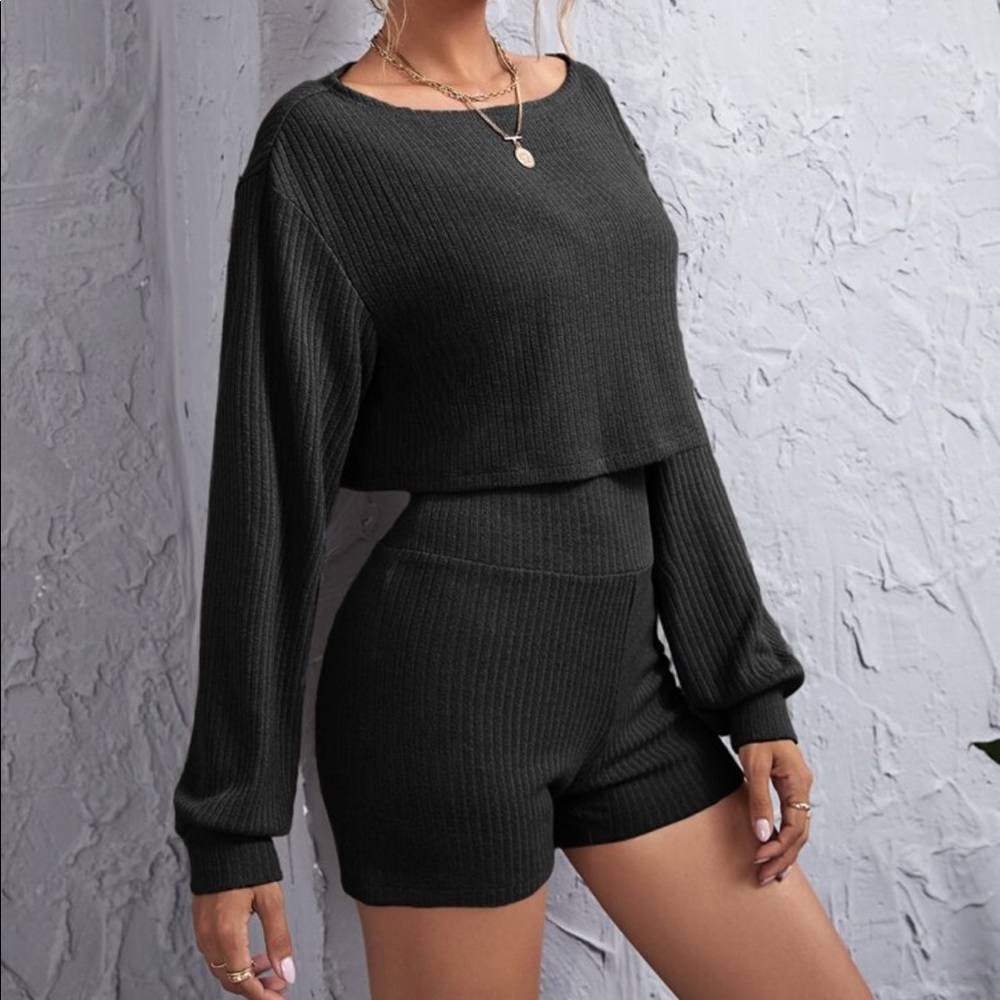 Drop Off Shoulder Ribbed Top and Shorts Lounge Set - Picture 2 of 14